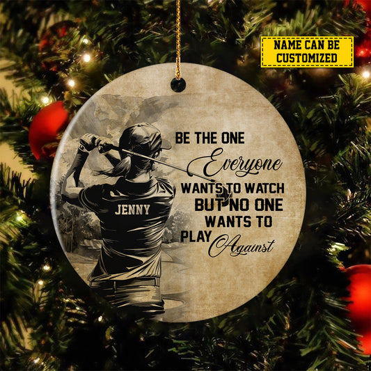 Personalized Motivational Golf Girl Christmas Ornament, No One Wants To Play Against, Xmas Circle Ceramic Ornament Gift For Golf Lovers