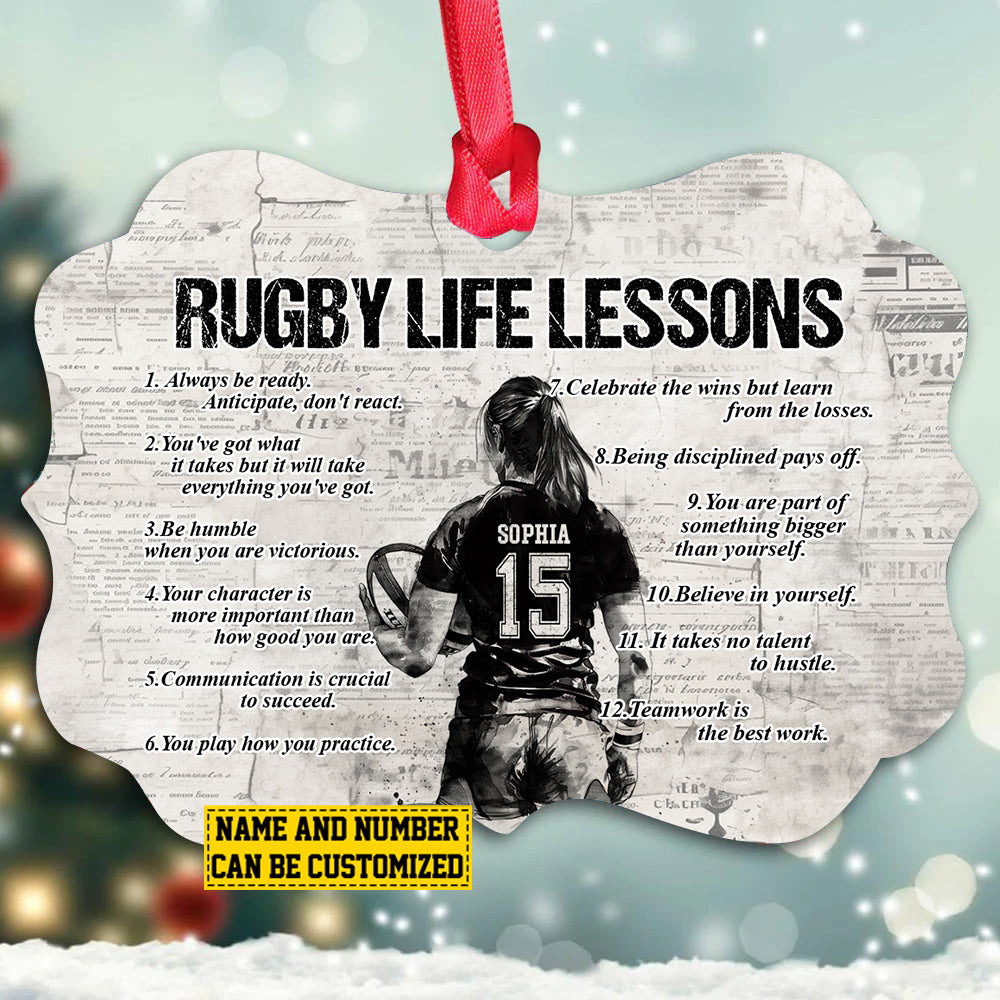 Personalized Rugby Girl Christmas Ornament, Rugby Life Lessons, Xmas Aluminum Ornament Gift For Rugby Lovers