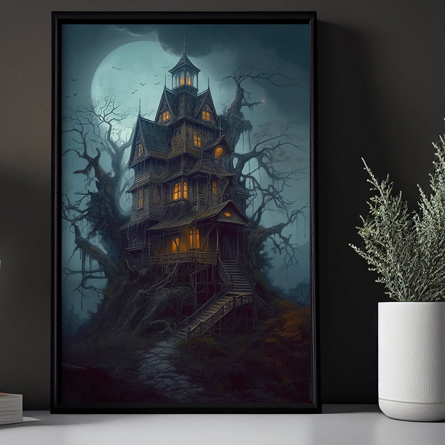 Spooky Witchy House Under Moon Dark Surreal Halloween Canvas Painting, Wall Art Decor - Horror Haunted House Halloween Poster Gift