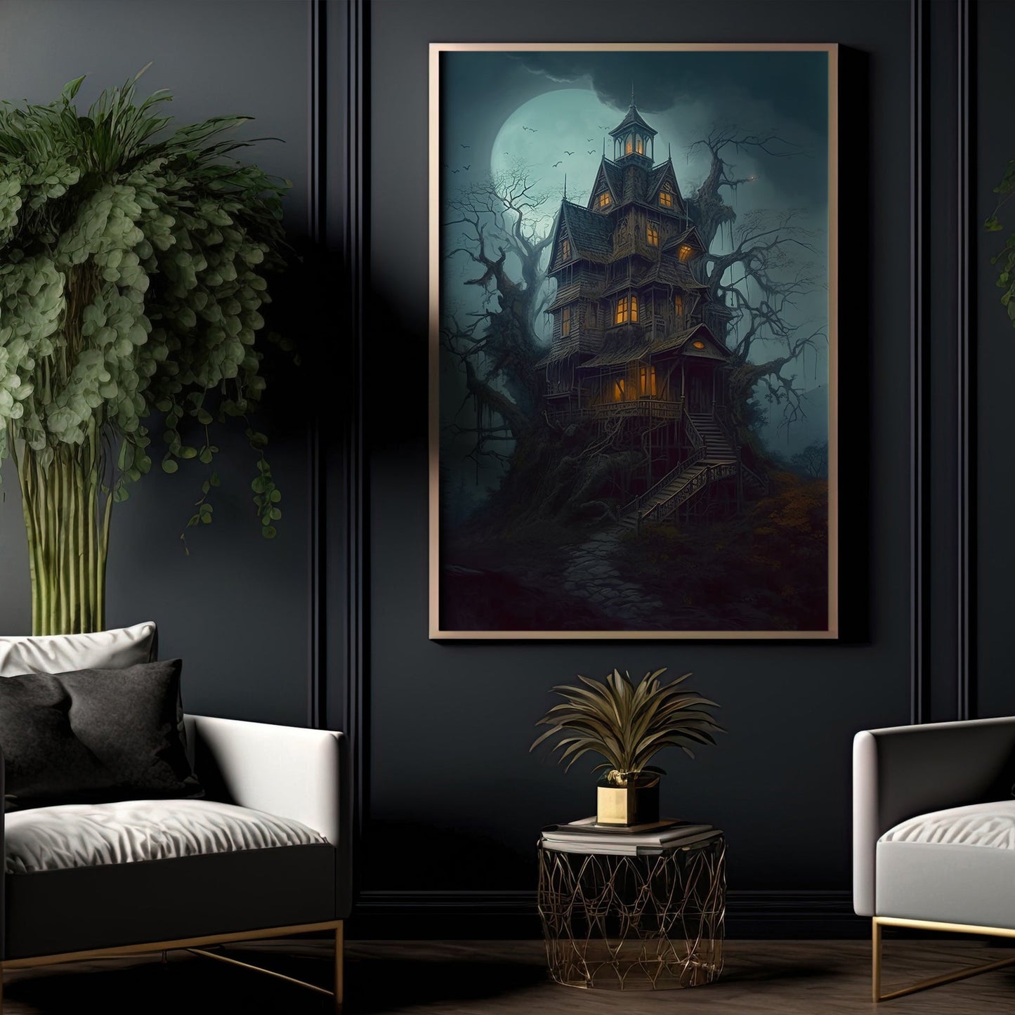 Spooky Witchy House Under Moon Dark Surreal Halloween Canvas Painting, Wall Art Decor - Horror Haunted House Halloween Poster Gift