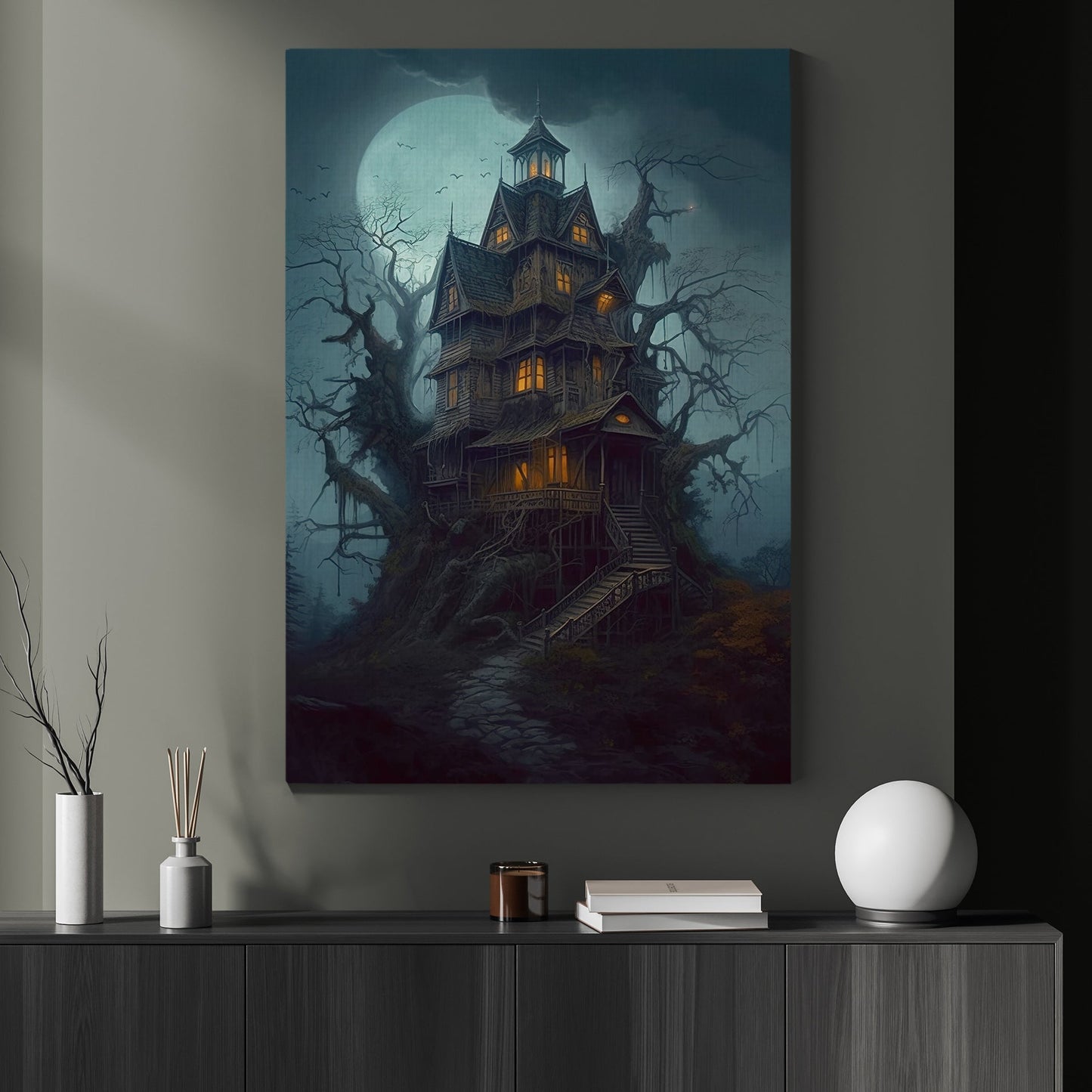 Spooky Witchy House Under Moon Dark Surreal Halloween Canvas Painting, Wall Art Decor - Horror Haunted House Halloween Poster Gift