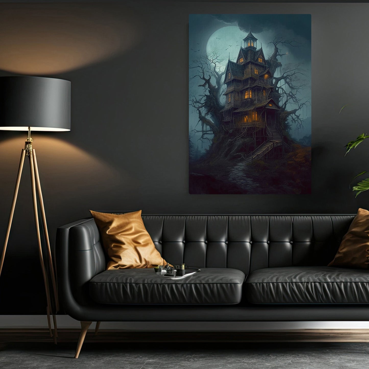 Spooky Witchy House Under Moon Dark Surreal Halloween Canvas Painting, Wall Art Decor - Horror Haunted House Halloween Poster Gift