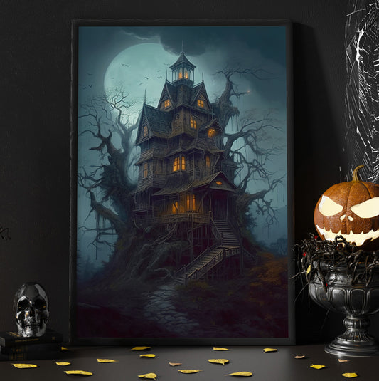 Spooky Witchy House Under Moon Dark Surreal Halloween Canvas Painting, Wall Art Decor - Horror Haunted House Halloween Poster Gift