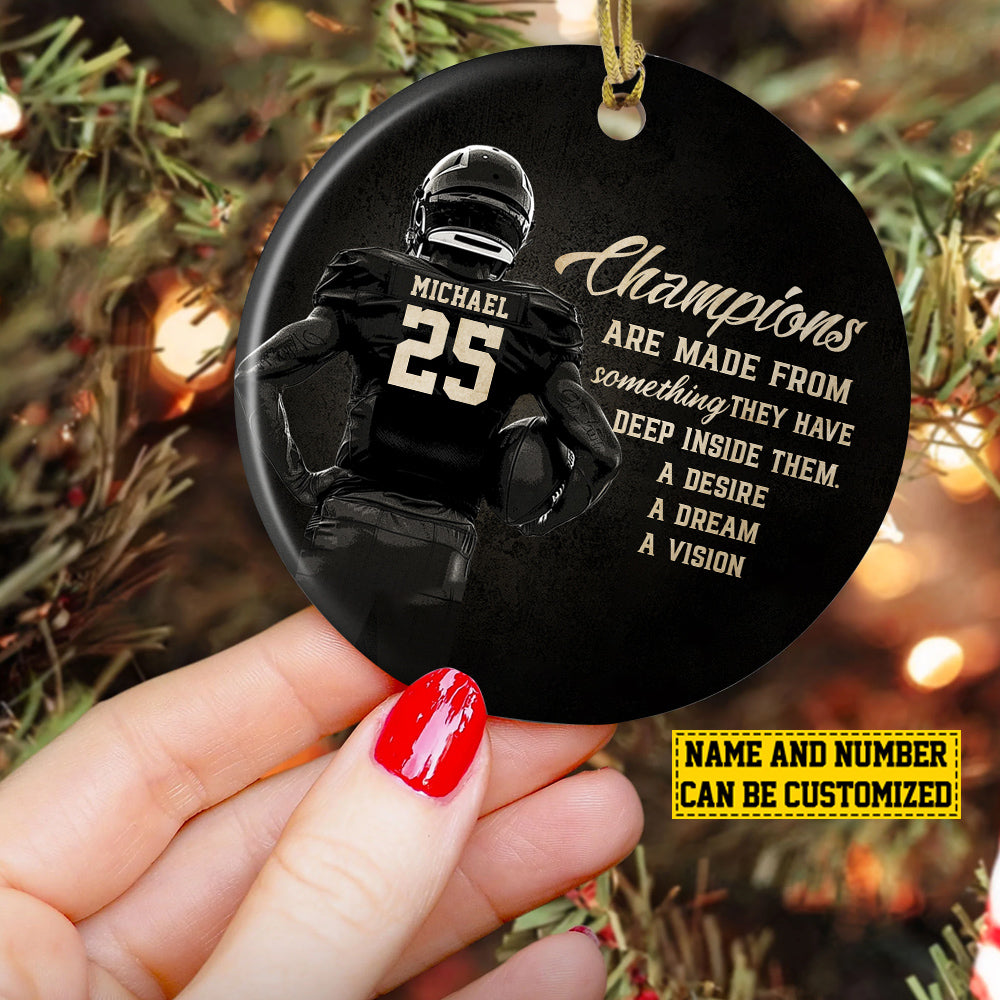 Personalized Football Boy Christmas Ornament, Champions Are Made From, Xmas Circle Ceramic Ornament Gift For Football Lovers