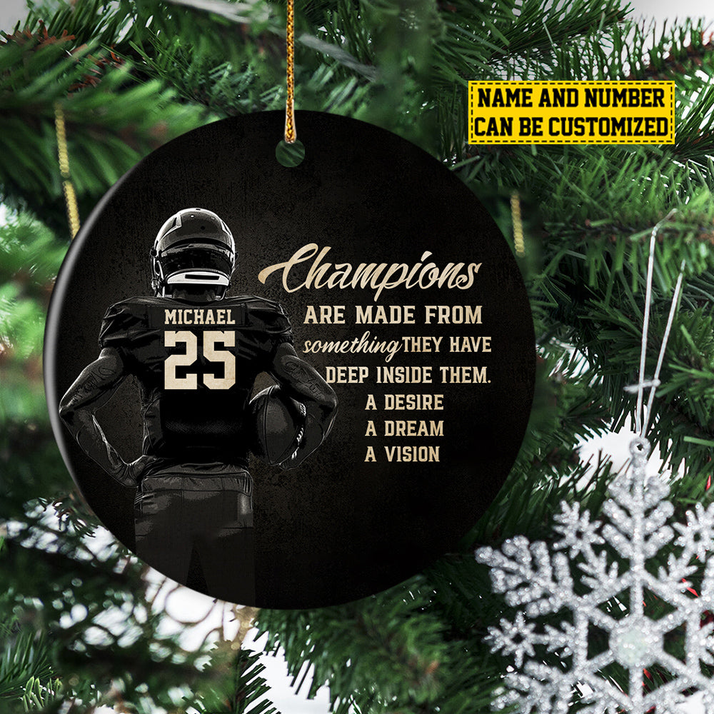 Personalized Football Boy Christmas Ornament, Champions Are Made From, Xmas Circle Ceramic Ornament Gift For Football Lovers