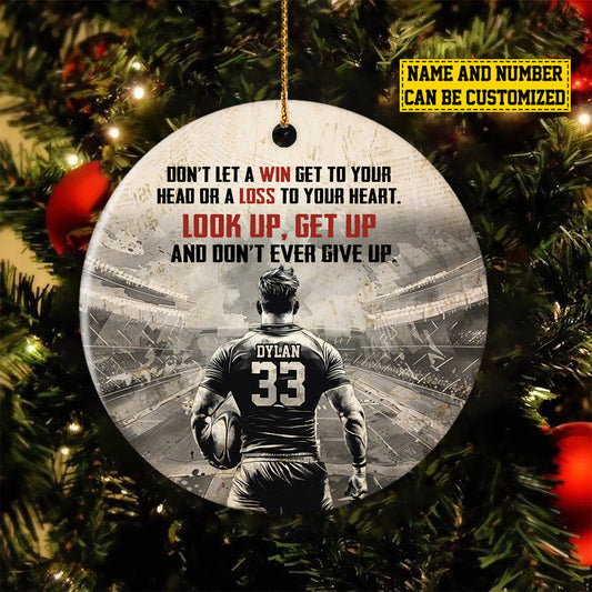 Personalized Rugby Boy Christmas Ornament, Look Up Get Up, Xmas Circle Ceramic Ornament Gift For Rugby Lovers