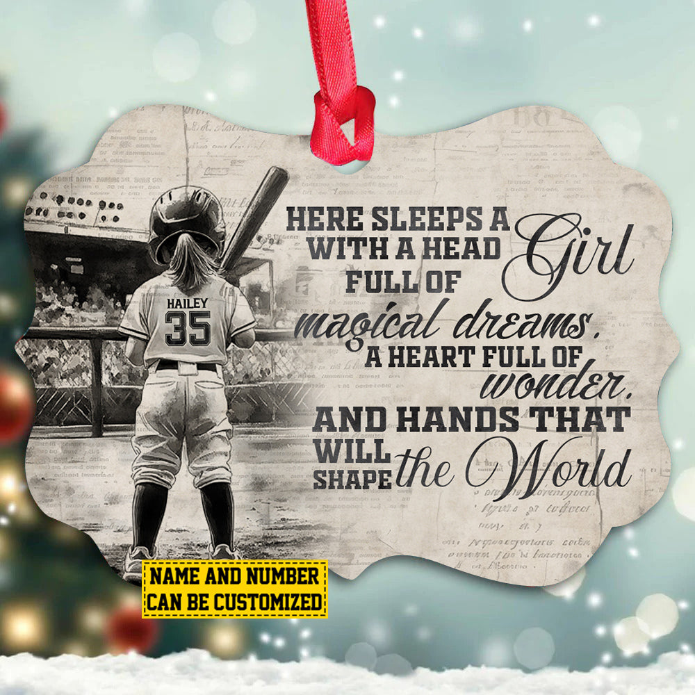 Personalized Softball Girl Christmas Ornament, A Heart Full Of Wonder, Xmas Aluminum Ornament Gift For Softball Lovers