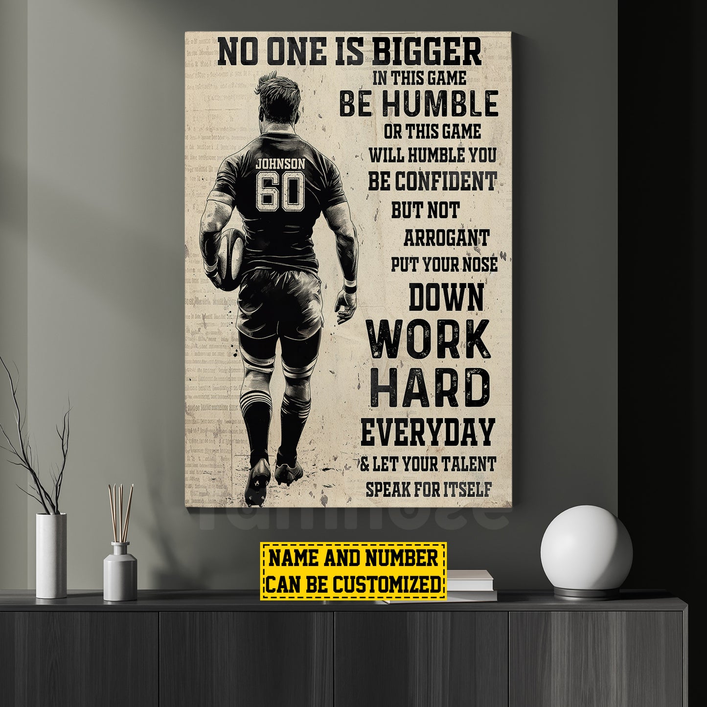 Personalized Motivational Rugby Boy Canvas Painting, Work Hard Everyday, Sports Wall Art Decor, Poster Gift For Rugby Lovers