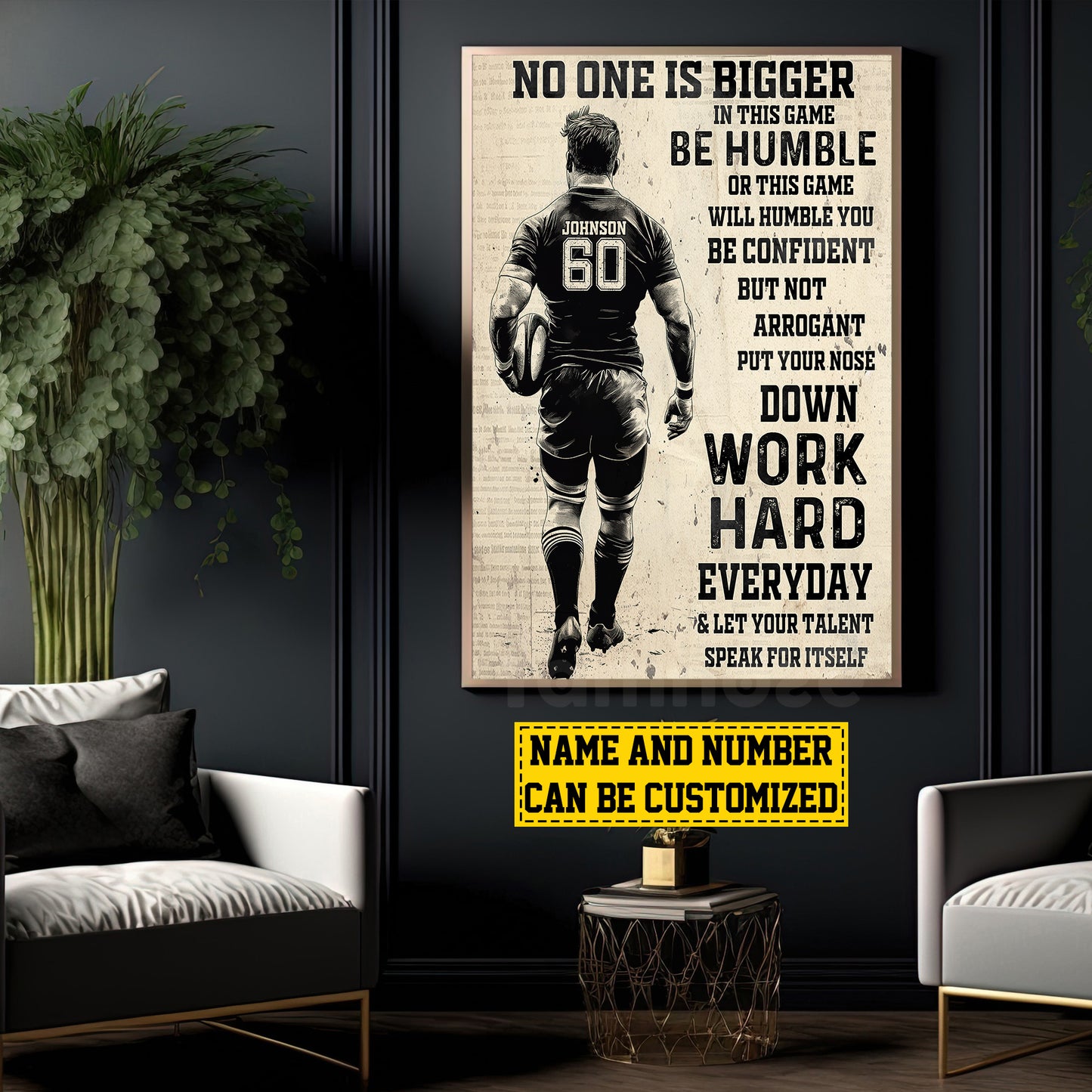 Personalized Motivational Rugby Boy Canvas Painting, Work Hard Everyday, Sports Wall Art Decor, Poster Gift For Rugby Lovers