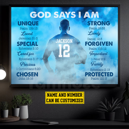 Personalized Rugby Boy Canvas Painting, God Says I Am, Sports Quotes Wall Art Decor, Poster Gift For Rugby Lovers