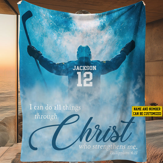 Personalized Hockey Boy I Can Do All Things Through Christ Fleece Blanket, Hockey Woven Blanket, Cool Sherpa Blanket Gift For Hockey Lovers