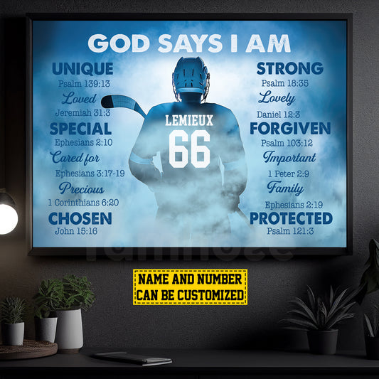 Personalized Hockey Boy Canvas Painting, God Says I Am, Sports Quotes Wall Art Decor, Poster Gift For Hockey Lovers