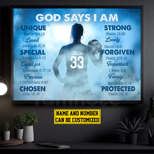 Personalized Volleyball Girl Canvas Painting, God Says I Am, Sports Quotes Wall Art Decor, Poster Gift For Volleyball Lovers