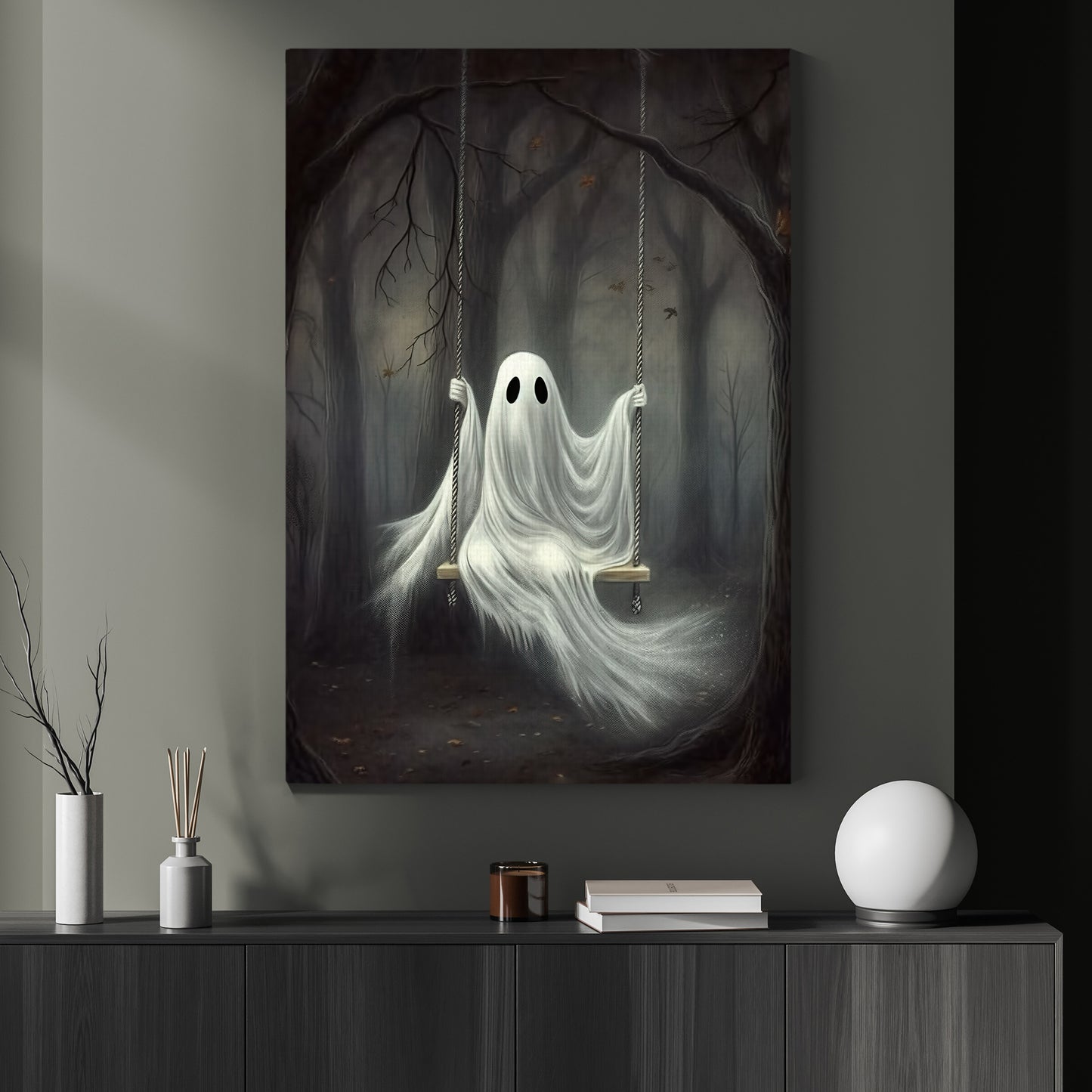 Ghost In The Twilight Woods, Ghost Canvas Painting, Spooky Season Wall Art Decor, Halloween Poster Gift For Ghost Lovers