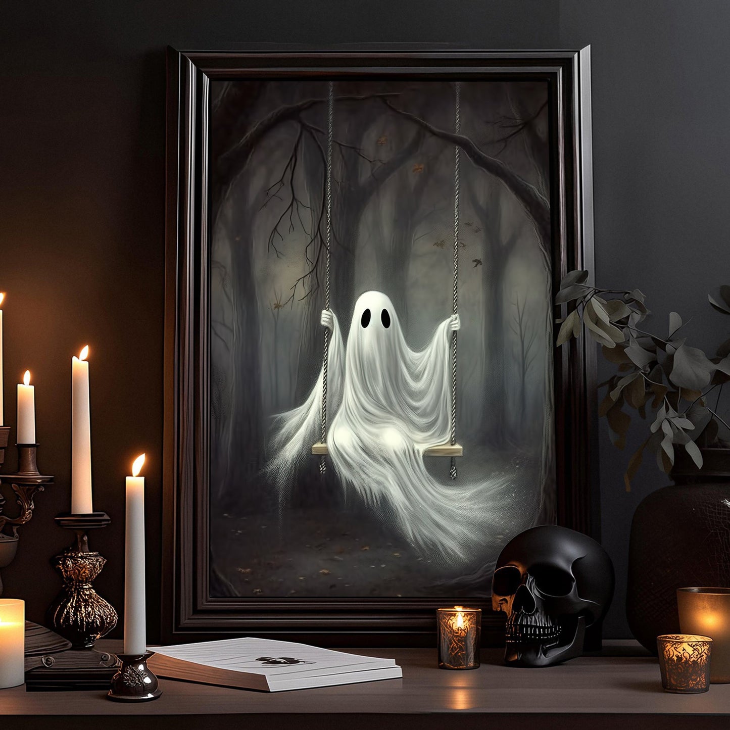 Ghost In Dark Forest Spooky Halloween Canvas Painting, Wall Art Decor - Dark Ghost Halloween Poster Gift