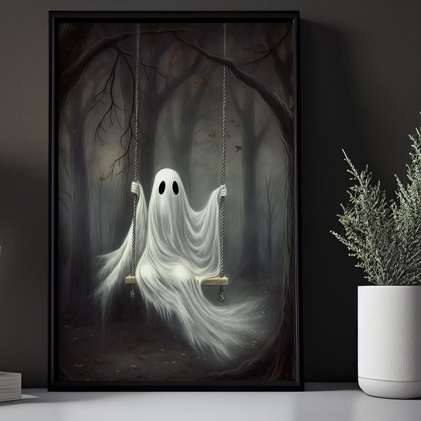 Ghost In Dark Forest Spooky Halloween Canvas Painting, Wall Art Decor - Dark Ghost Halloween Poster Gift