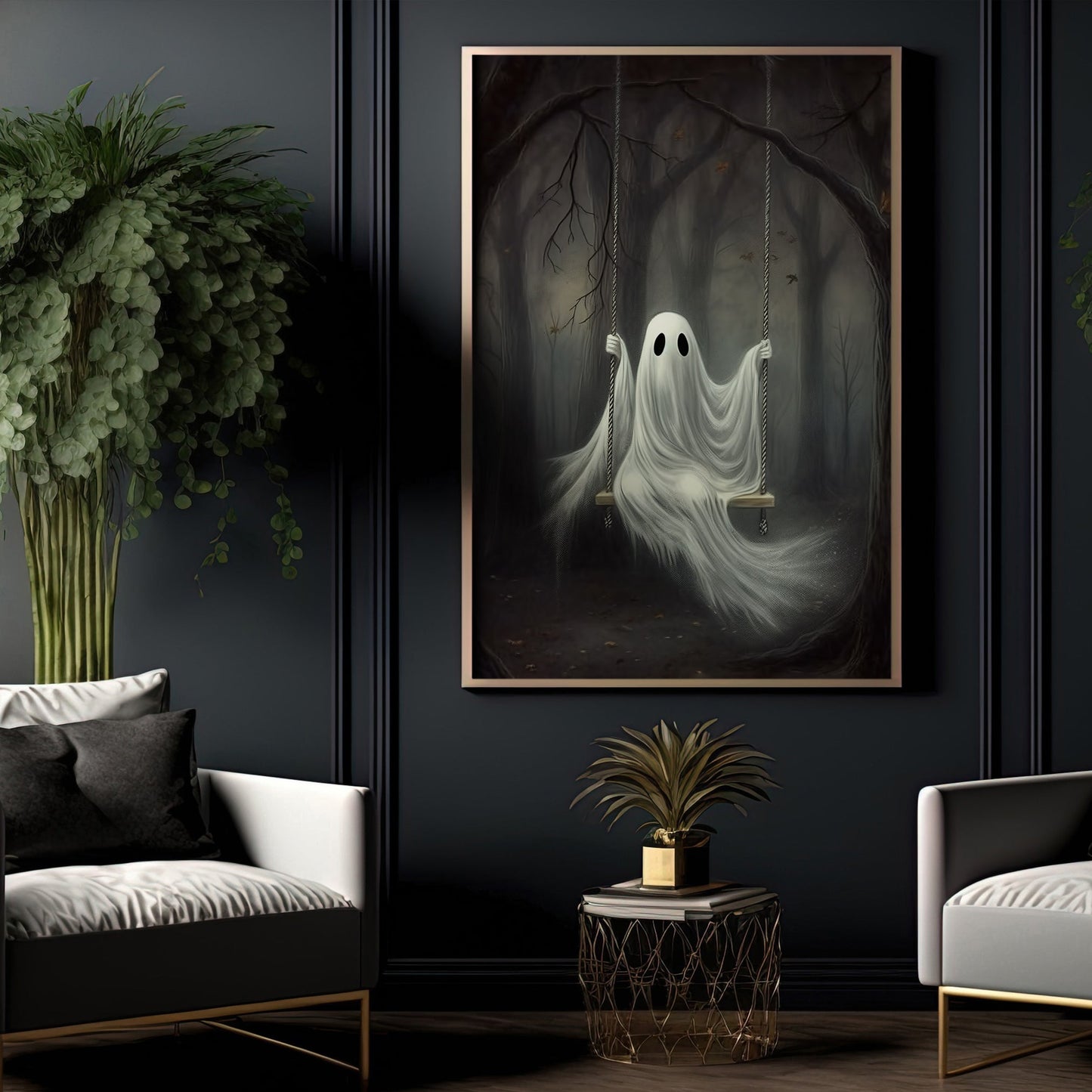 Ghost In Dark Forest Spooky Halloween Canvas Painting, Wall Art Decor - Dark Ghost Halloween Poster Gift