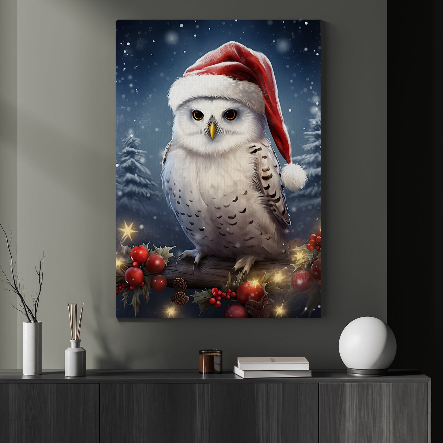 Christmas Owl Wearing Santa Hat, Owl Canvas Painting, Wall Art Decor - Christmas Owl Poster Gift