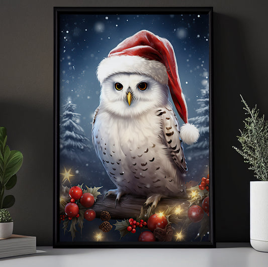 Christmas Owl Wearing Santa Hat, Owl Canvas Painting, Wall Art Decor - Christmas Owl Poster Gift