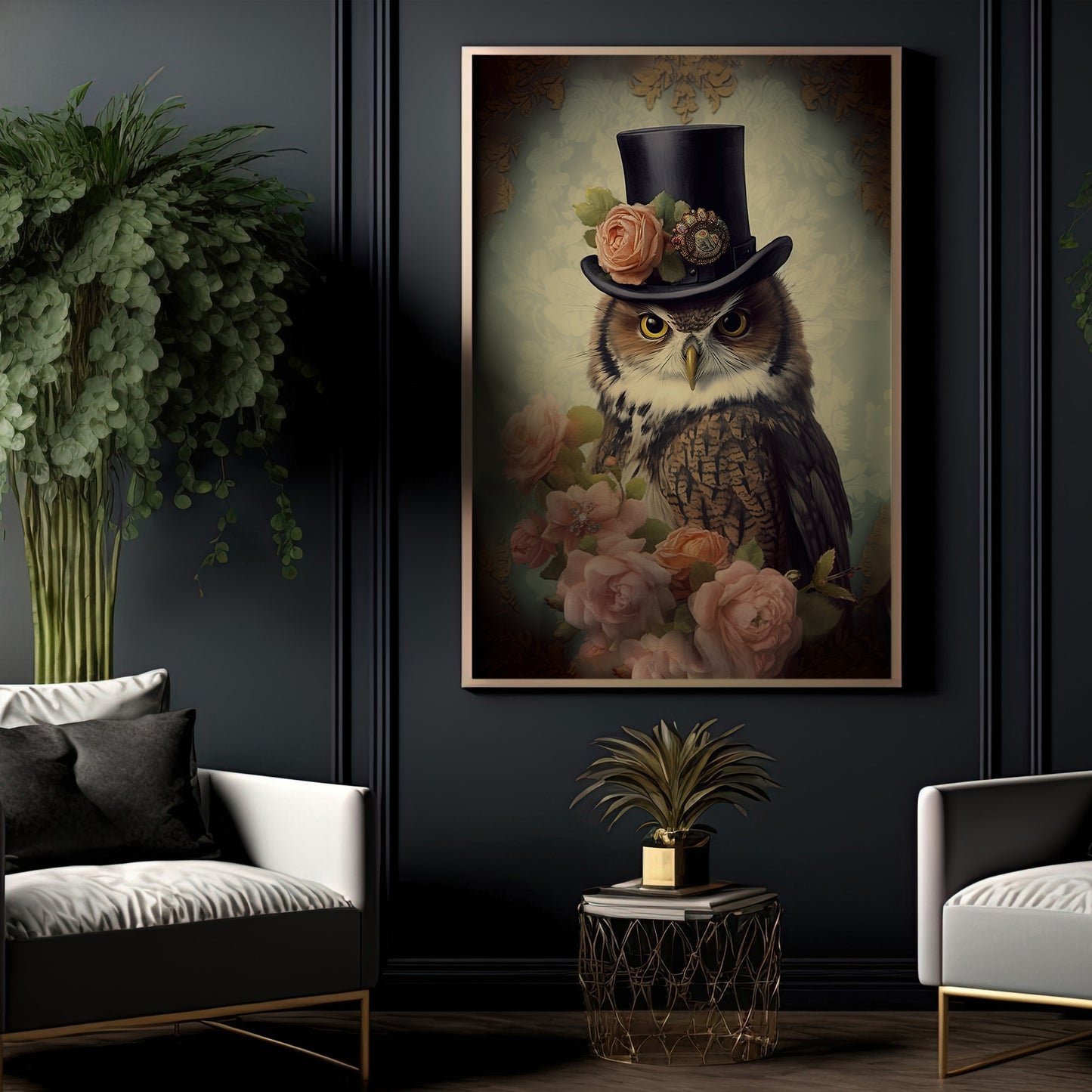 The Gothic Owl Flowers, Victorian Canvas Wall Art - Elegance Animals Poster Gift For Owl Lovers