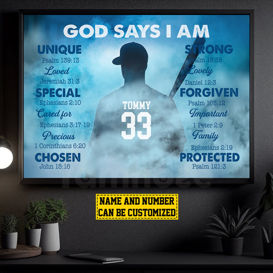 Personalized Baseball Boy Canvas Painting, God Says I Am, Sports Quotes Wall Art Decor, Poster Gift For Baseball Lovers