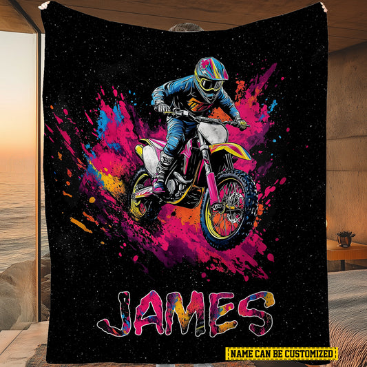 Personalized Dirt Bike Fleece Blanket, Motocross Alone Woven Blanket, Cool Sherpa Blanket Gift For Dirt Bike Lovers