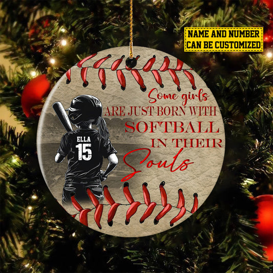 Personalized Christmas Ornament for Kids Softball Girl, Some Girls Are Just Born With Softball, Xmas Circle Ceramic Ornament Gift For Softball Lovers