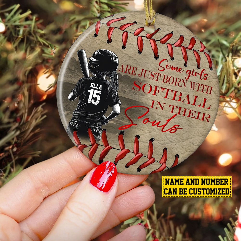 Personalized Christmas Ornament for Kids Softball Girl, Some Girls Are Just Born With Softball, Xmas Circle Ceramic Ornament Gift For Softball Lovers