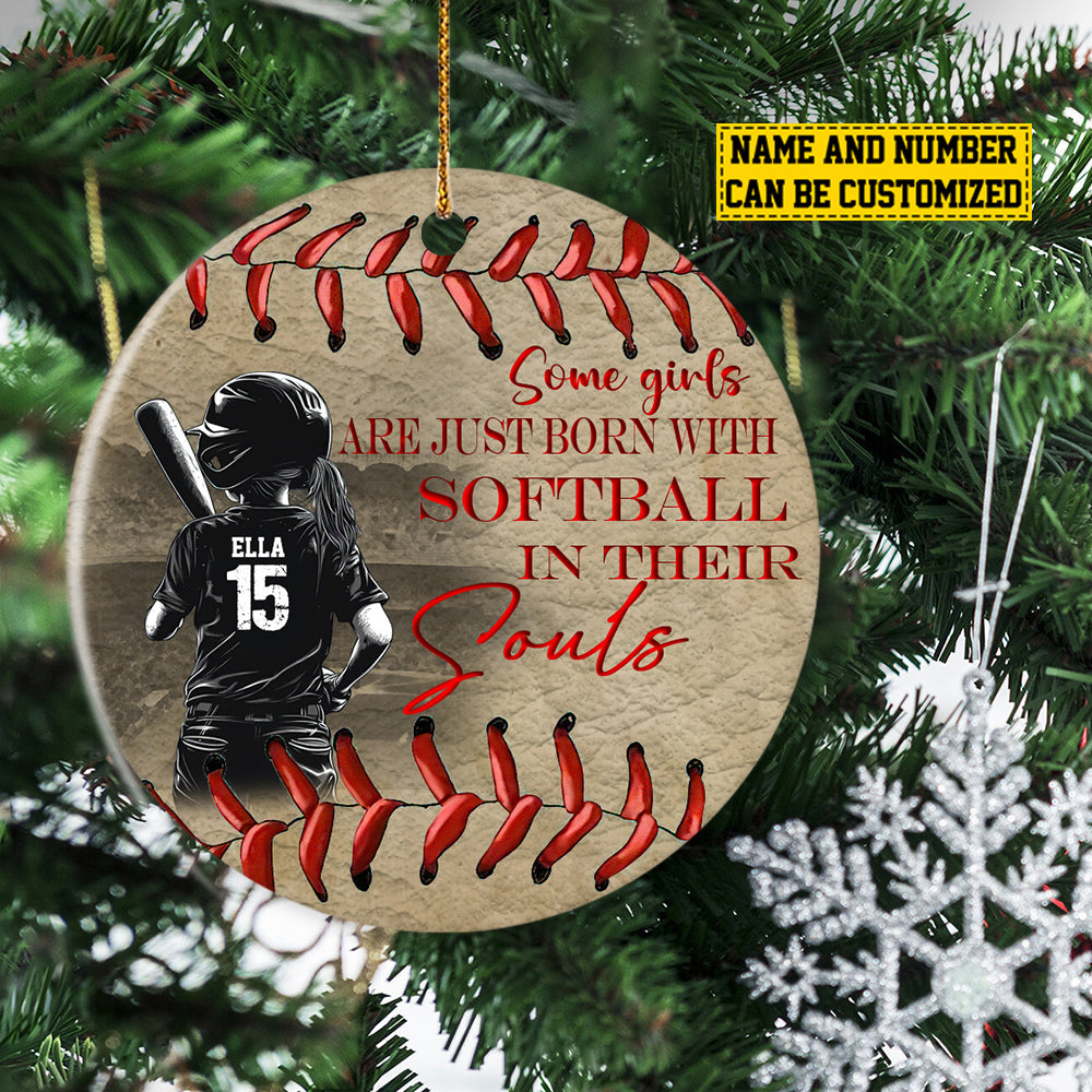 Personalized Christmas Ornament for Kids Softball Girl, Some Girls Are Just Born With Softball, Xmas Circle Ceramic Ornament Gift For Softball Lovers