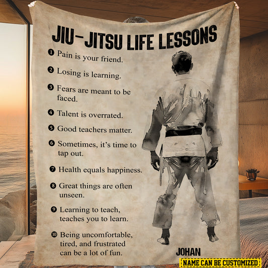 Personalized Jiu Jitsu Boy Life Lessons Fleece Blanket, Jiu Jitsu Woven Blanket, Cool Sherpa Blanket Gift For Jiu Jitsu Lovers