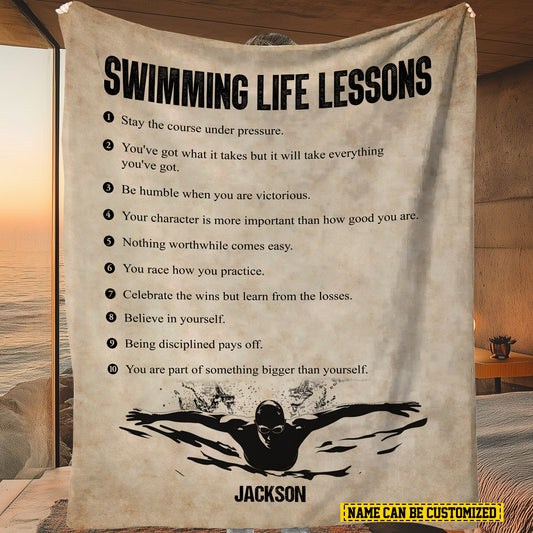 Personalized Swimming Life Lessons Fleece Blanket, Swimming Woven Blanket, Cool Sherpa Blanket Gift For Swimming Lovers