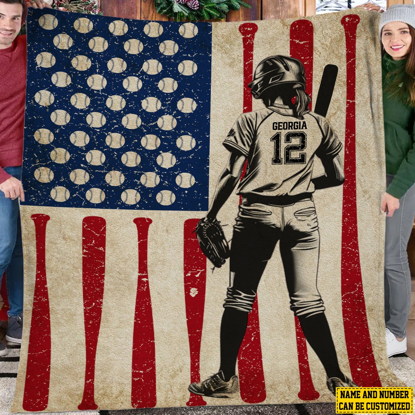 Personalized Softball Girl American Flag Fleece Blanket, Softball Woven Blanket, Cool Sherpa Blanket Gift For Softball Lovers