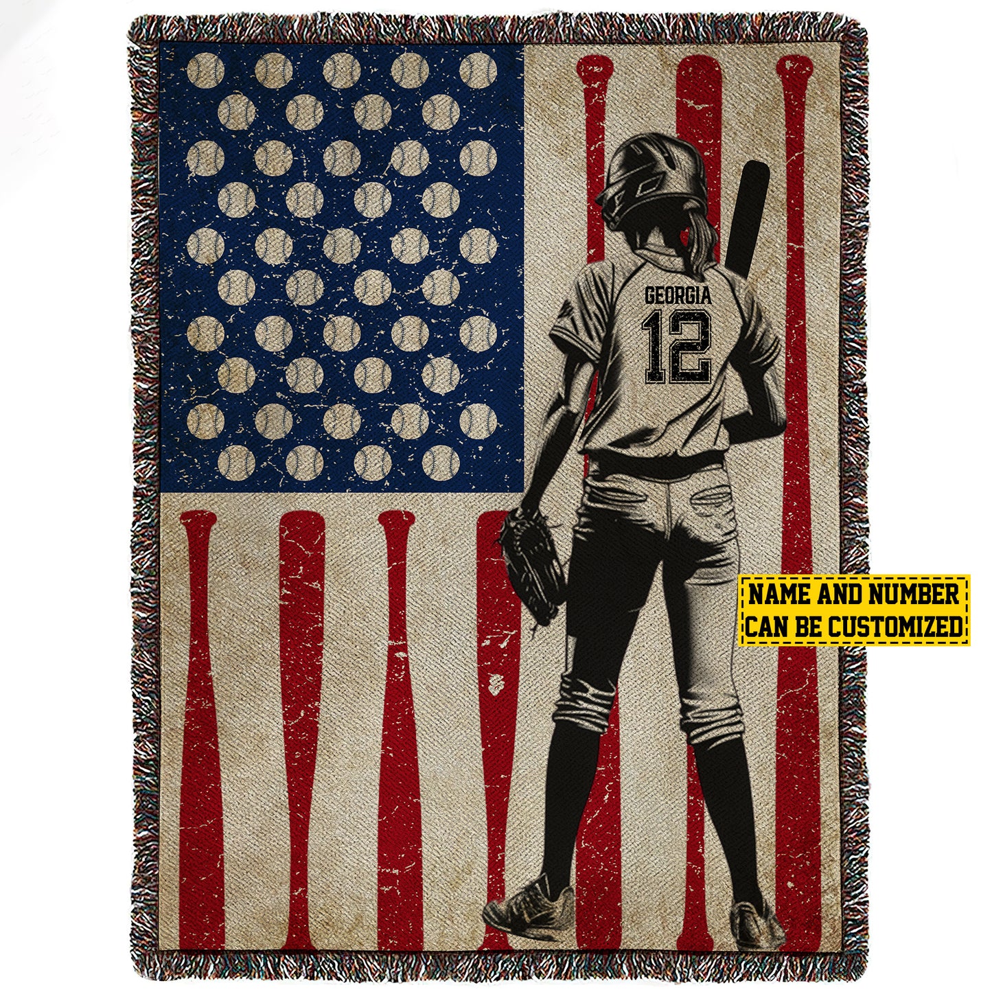 Personalized Softball Girl American Flag Fleece Blanket, Softball Woven Blanket, Cool Sherpa Blanket Gift For Softball Lovers