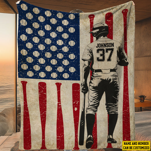 Personalized Baseball Boy American Flag Fleece Blanket, Baseball Woven Blanket, Cool Sherpa Blanket Gift For Baseball Lovers