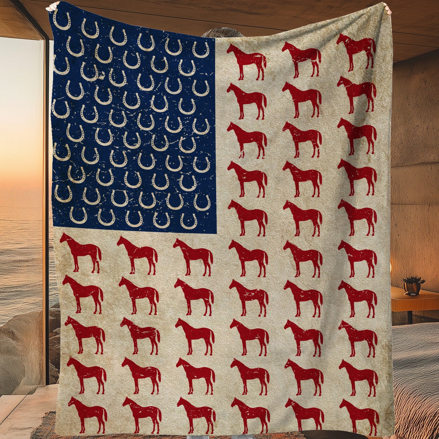 Horse American Flag Fleece Blanket, Horse Woven Blanket, Cool Sherpa Blanket Gift For Horse Lovers