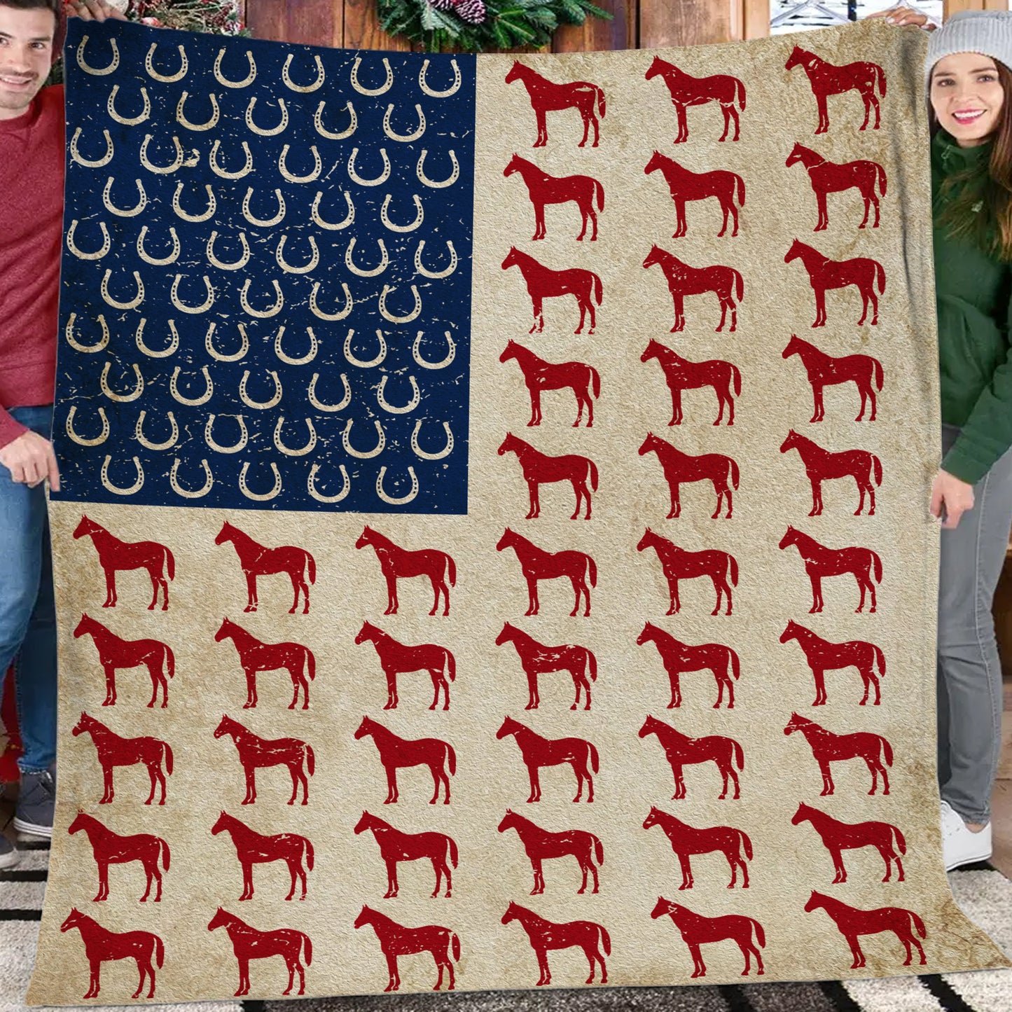 Horse American Flag Fleece Blanket, Horse Woven Blanket, Cool Sherpa Blanket Gift For Horse Lovers