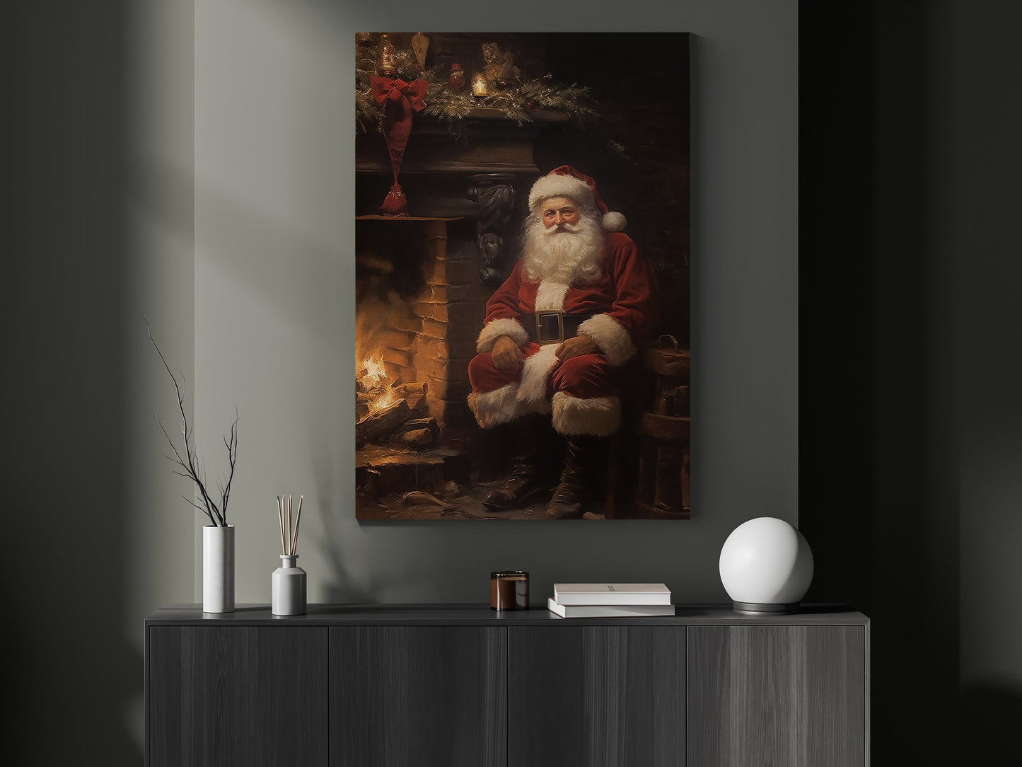 Santa Claus Sit Down Beside Fireplace, Santa Christmas Canvas Painting, Xmas Wall Art Decor - Christmas Poster Gift For Santa Claus Lovers