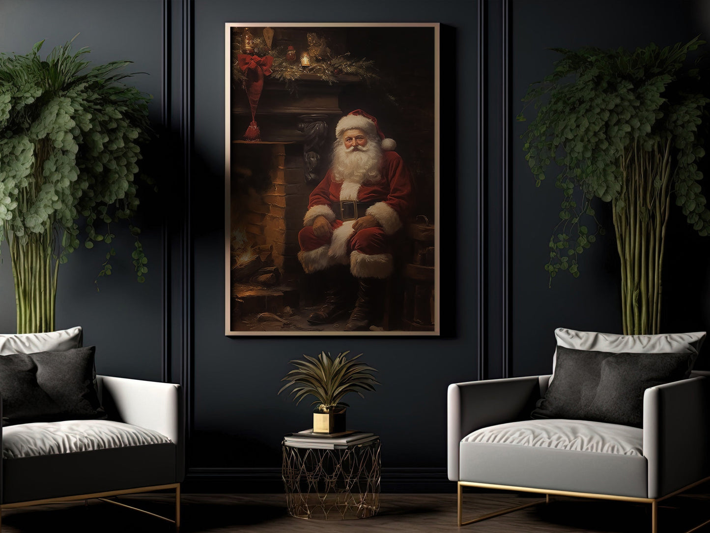 Santa Claus Sit Down Beside Fireplace, Santa Christmas Canvas Painting, Xmas Wall Art Decor - Christmas Poster Gift For Santa Claus Lovers