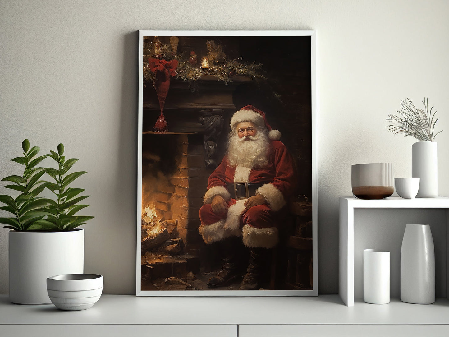 Santa Claus Sit Down Beside Fireplace, Santa Christmas Canvas Painting, Xmas Wall Art Decor - Christmas Poster Gift For Santa Claus Lovers