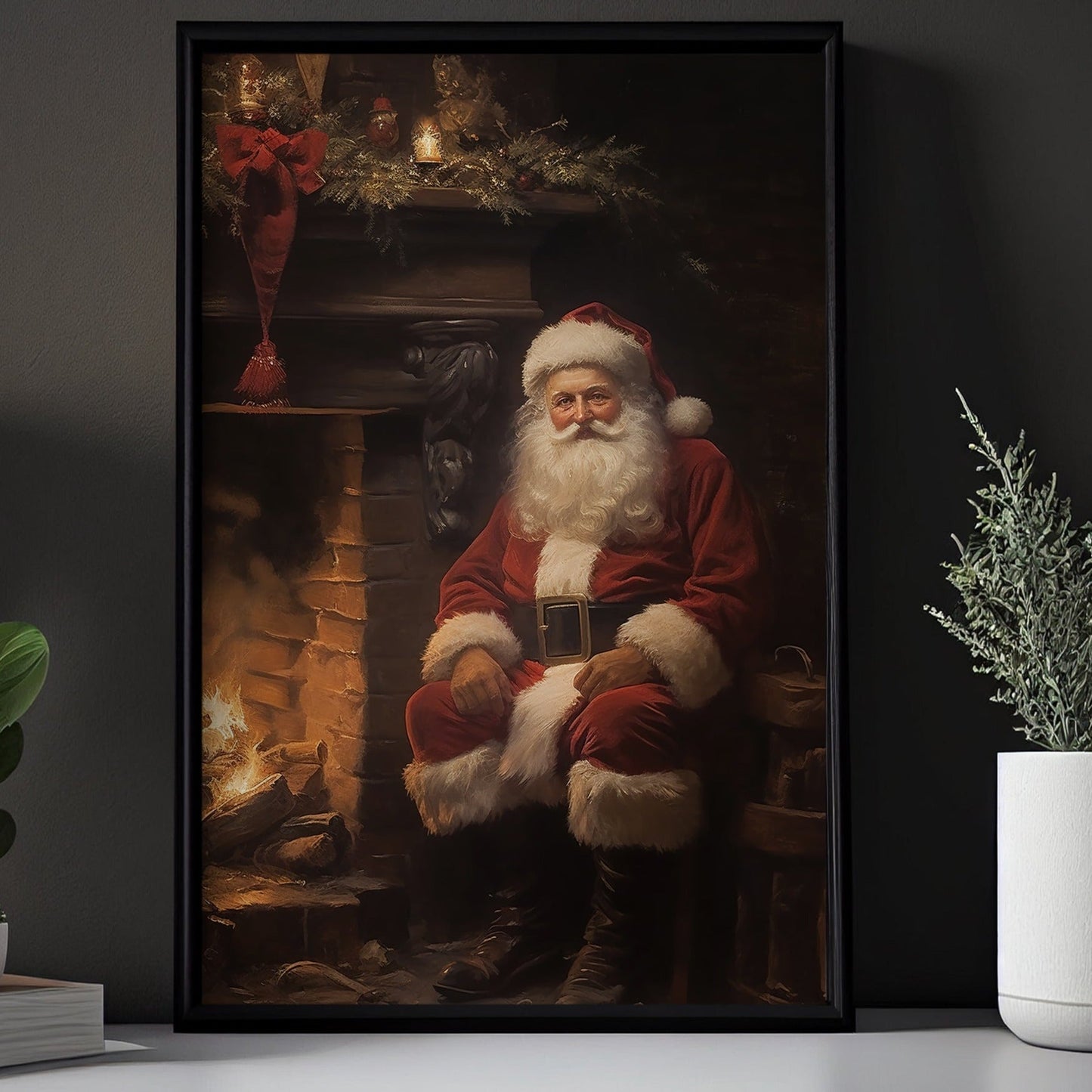 Santa Claus Sit Down Beside Fireplace, Santa Christmas Canvas Painting, Xmas Wall Art Decor - Christmas Poster Gift For Santa Claus Lovers