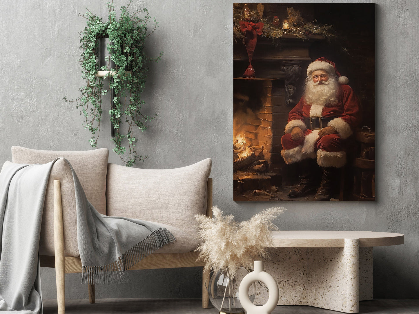 Santa Claus Sit Down Beside Fireplace, Santa Christmas Canvas Painting, Xmas Wall Art Decor - Christmas Poster Gift For Santa Claus Lovers