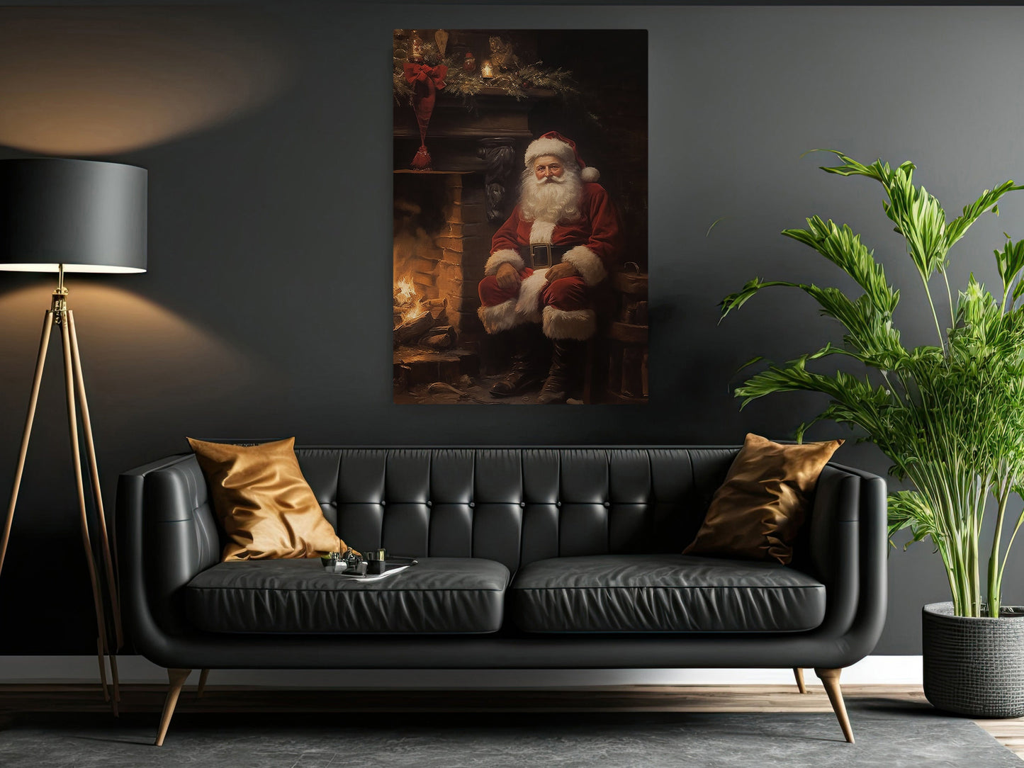 Santa Claus Sit Down Beside Fireplace, Santa Christmas Canvas Painting, Xmas Wall Art Decor - Christmas Poster Gift For Santa Claus Lovers