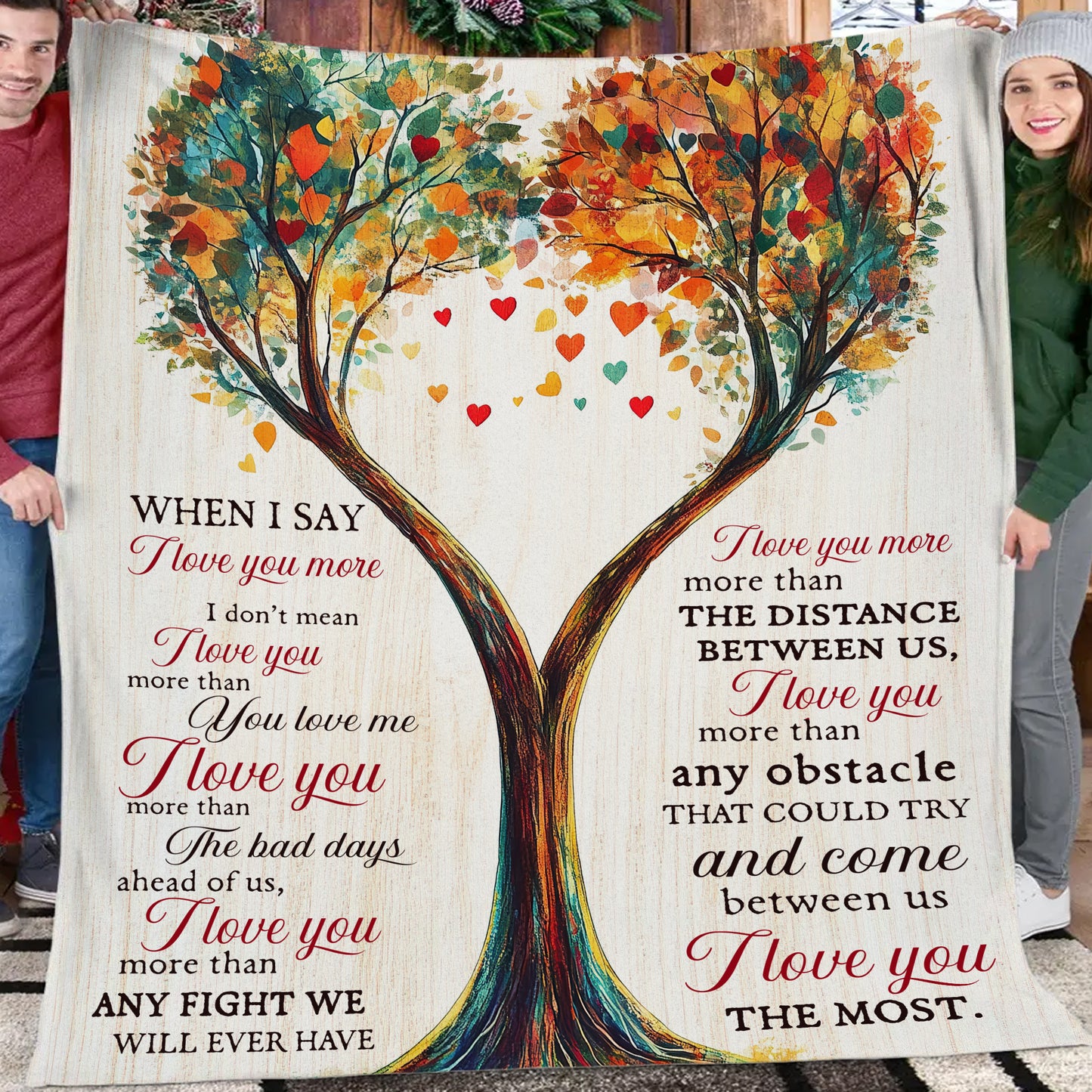 Love You More Blanket, Heartwarming Tree Design, Romantic Quotes Throw Blanket, Gift for Loved Ones