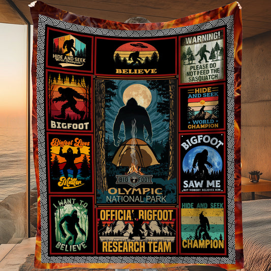 Bigfoot Fleece Blanket, Retro Style Bigfoot Woven Blanket, Cool Sherpa Blanket Gift For Bigfoot Lovers