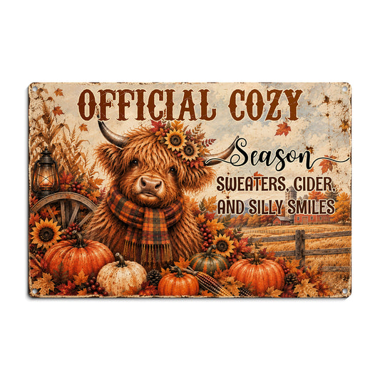 Vintage Thanksgiving Highland Cow Metal Sign, Official Cozy Season Yard Sign, Fall Season Field Decor Gift For Highland Cow Lover