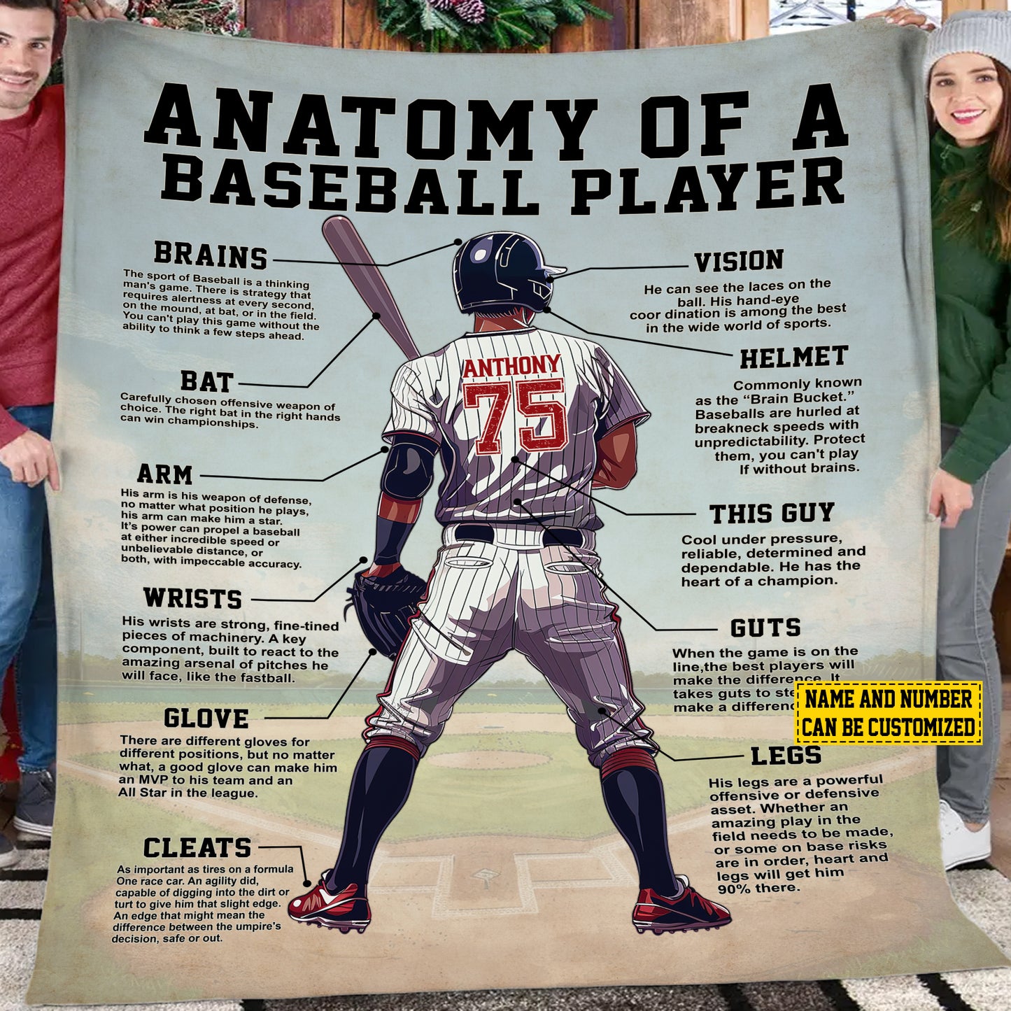 Personalized Motivational Baseball Boy Fleece Blanket, Anatomy Of A Baseball Player Sport Woven Blanket, Cool Sherpa Blanket Gift For Baseball Lovers