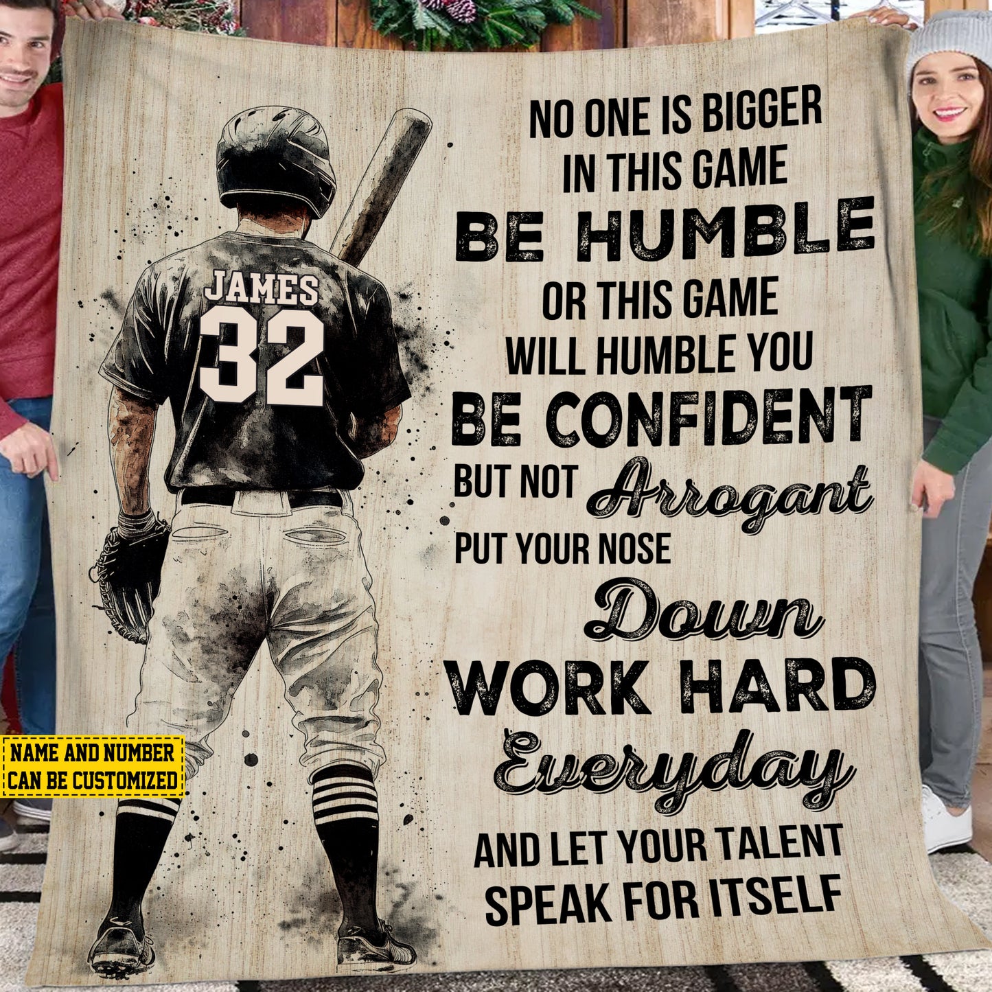 Personalized Motivational Baseball Boy Fleece Blanket ,Be Humble Be Confident Work Hard Everyday Sport Woven Blanket, Cool Sherpa Blanket Gift For Baseball Lovers