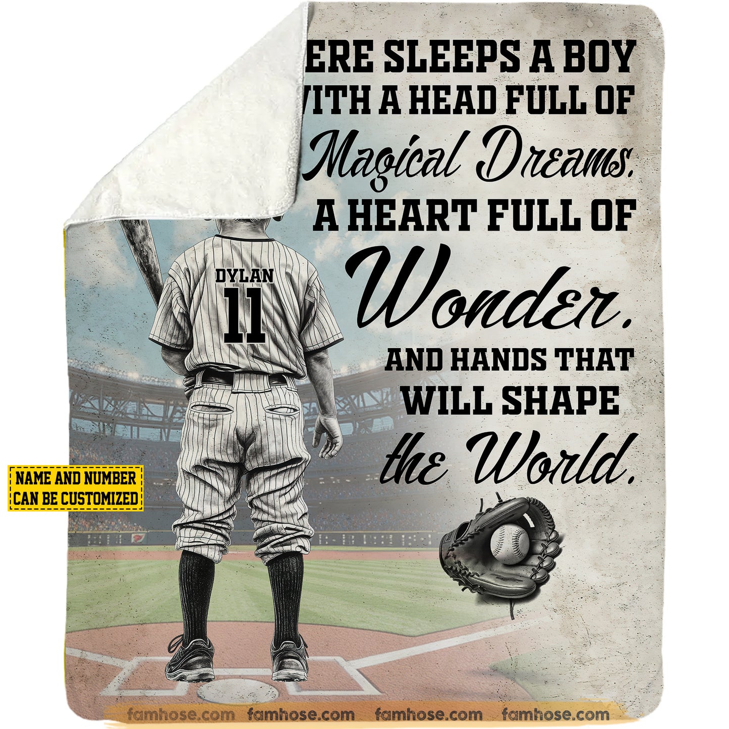 Cute Personalized Baseball Boy Fleece Blanket, A Heart Full Of Wonder Sport Woven Blanket, Cool Sherpa Blanket Gift For Baseball Kid Lovers