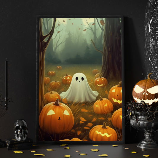 Baby Ghost Pumpkin In The Garden Halloween Canvas Painting, Wall Art Decor - Dark Ghost Halloween Poster Gift