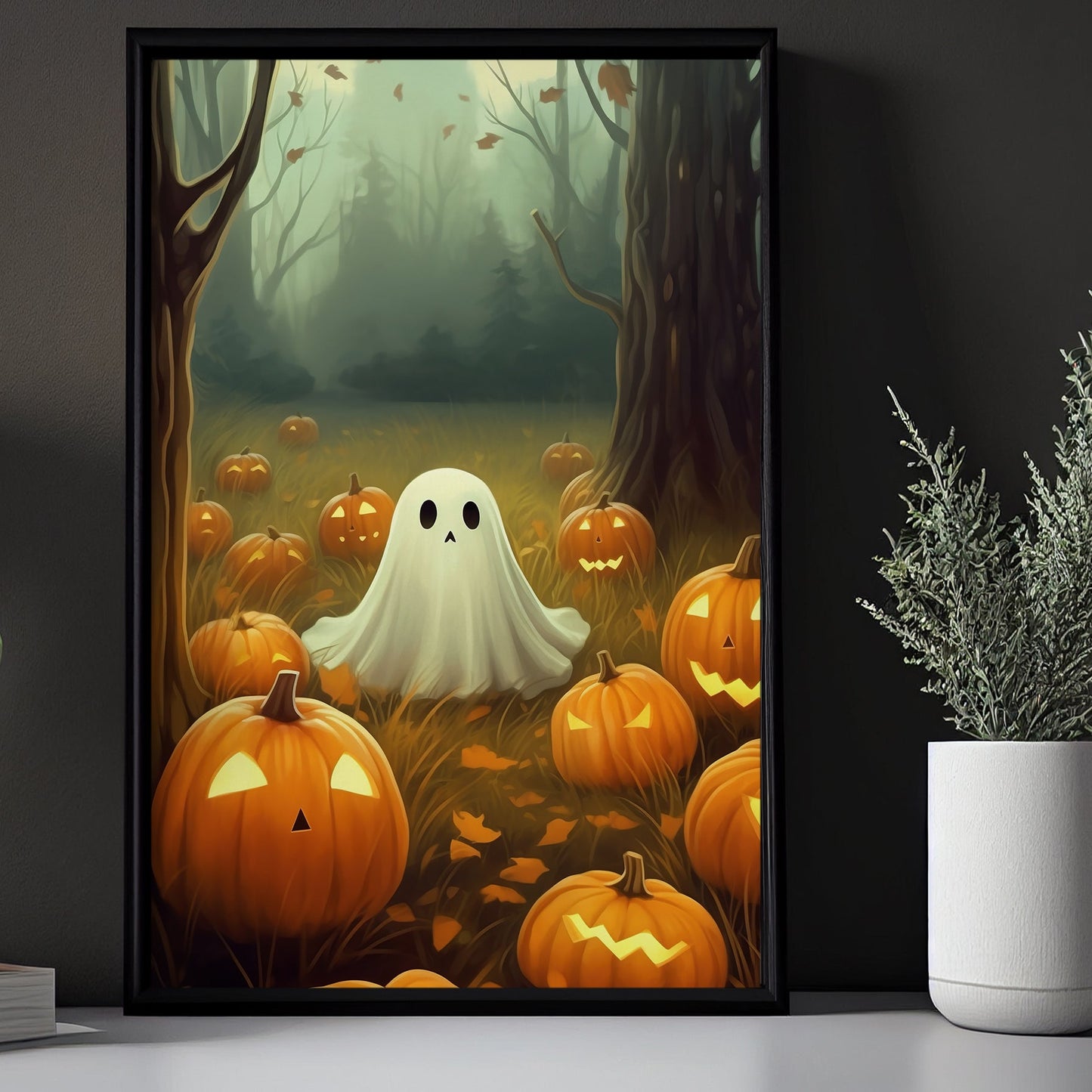 Baby Ghost Pumpkin In The Garden Halloween Canvas Painting, Wall Art Decor - Dark Ghost Halloween Poster Gift